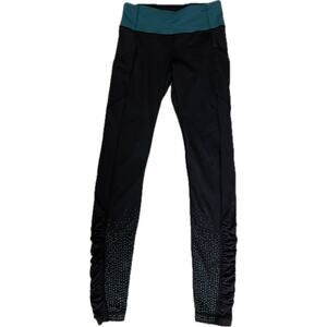 Lululemon Leggings Womens 4 Black Ruched Ankle Teal Waist Zip Pocket